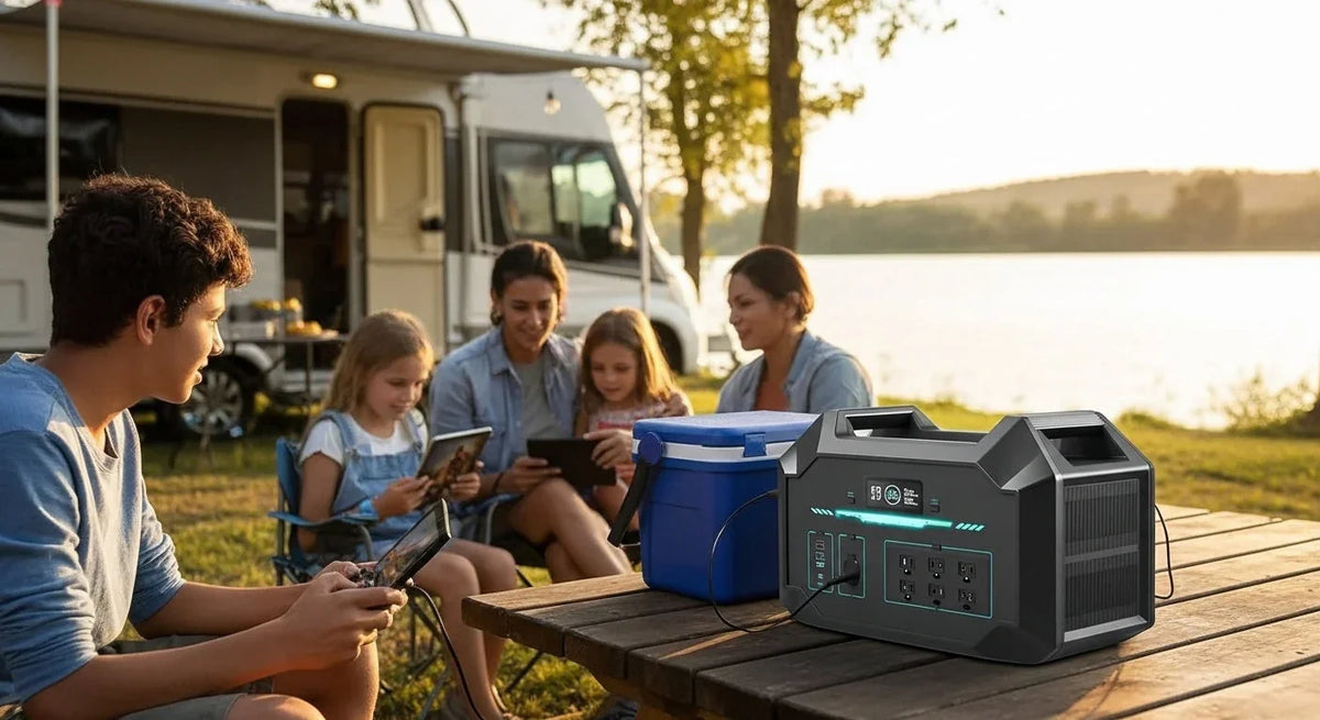 Family camping by a lake using SolarFlare portable solar generator next to RV