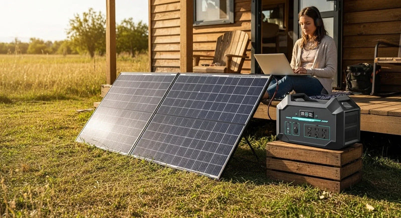 Woman using laptop outside cabin with SolarFlare solar generator kit and panels in sunlight