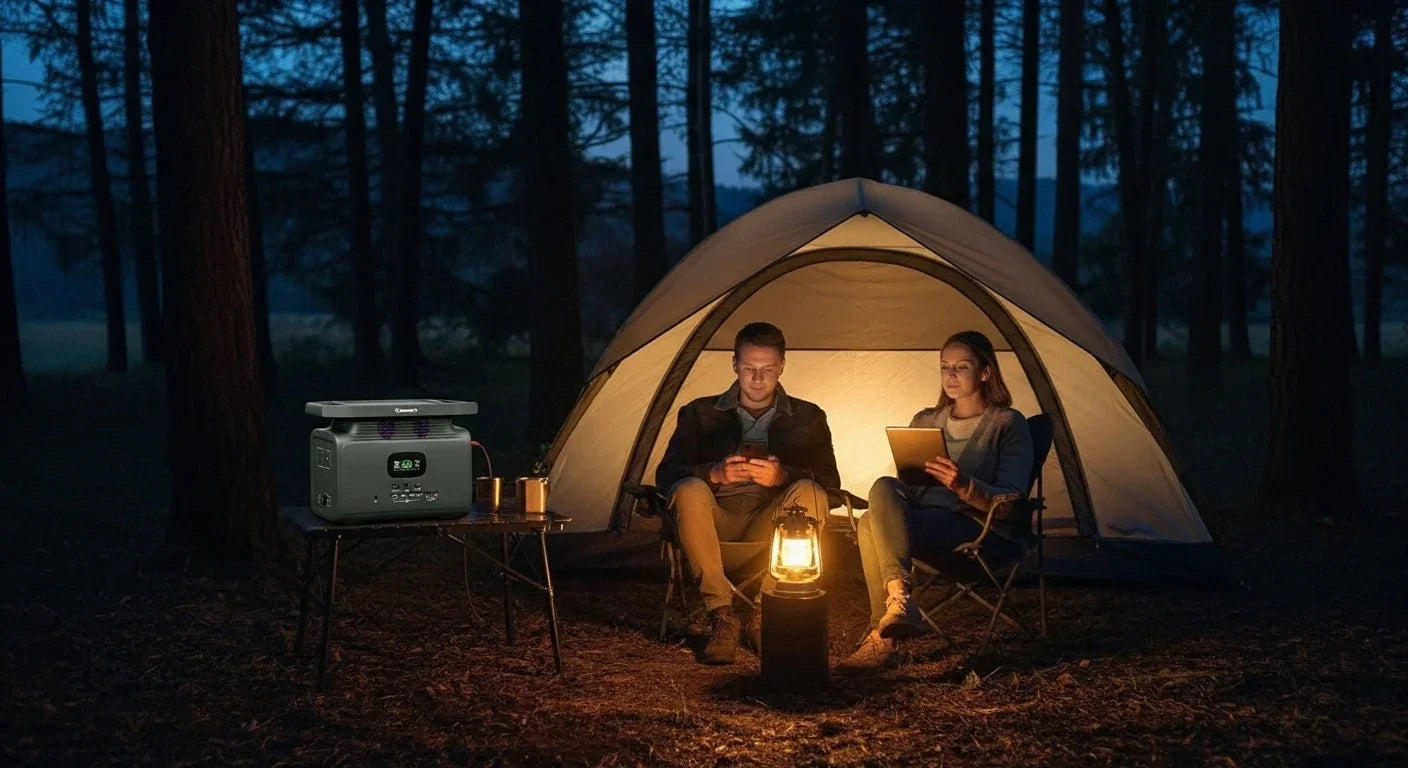 Couple camping at night using solar generator outside tent in forest, SolarFlare Generators