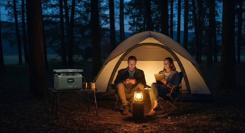 Couple camping with SolarFlares portable generator outside tent at night, forest background