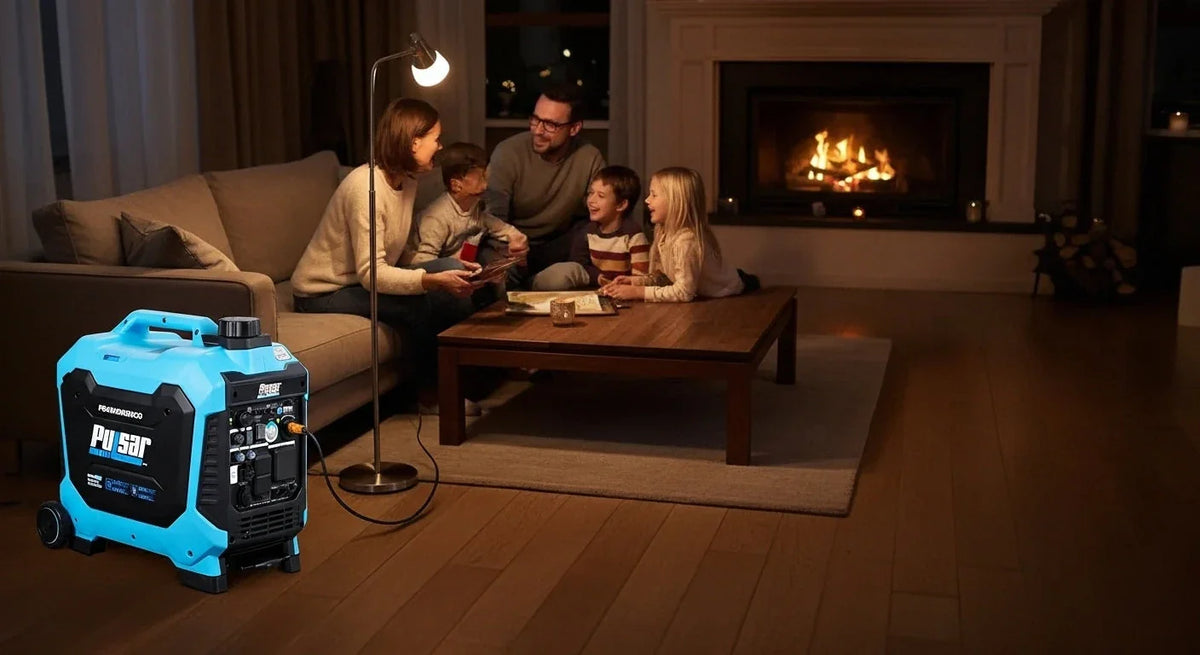 Family enjoying cozy living room powered by blue portable generator near fireplace