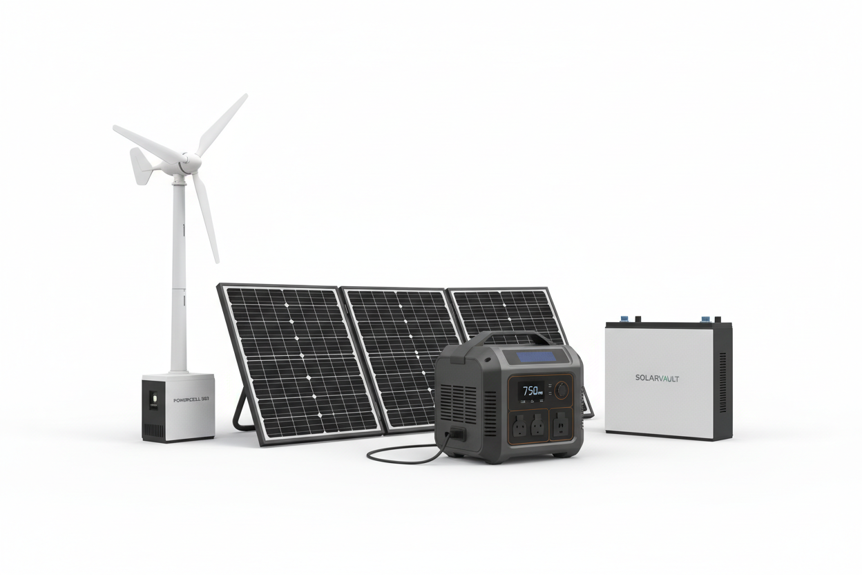 Display of items as panels, charge controller, power storagem brackets and batteries between $500-1000