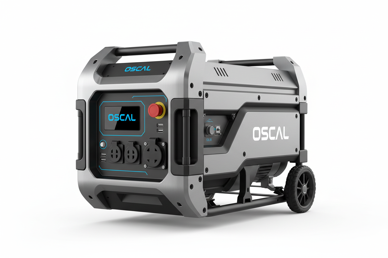 Portable solar generator with multiple outlets and wheels, labeled OSCAL, renewable energy device