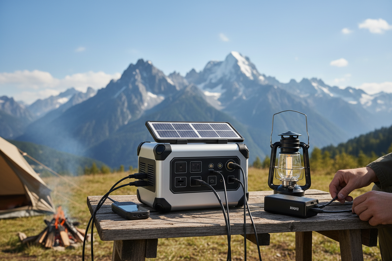 Camping in mountain outdoors with power source and mini solar panel on a table.