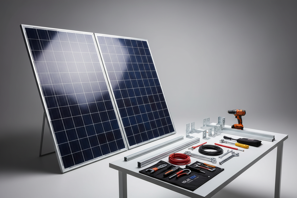 Foldable panels and a layout of installation tools.