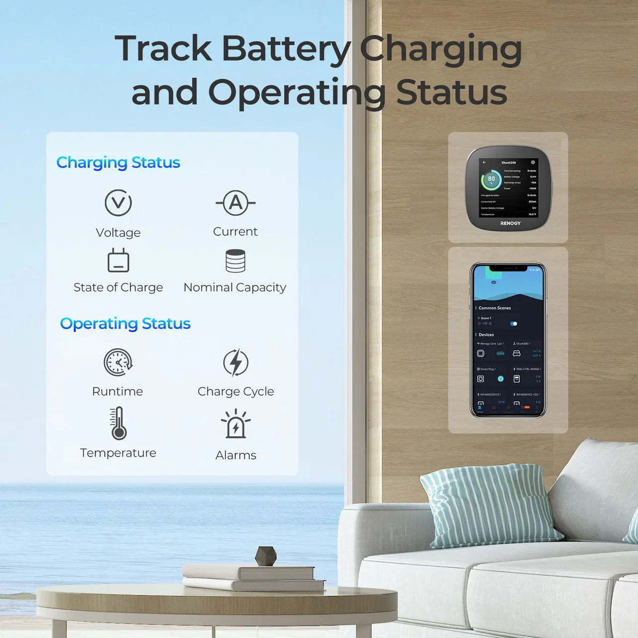 Renogy Battery Shunt 300 Smart Battery Monitor for SOC, Voltage & Current Tracking