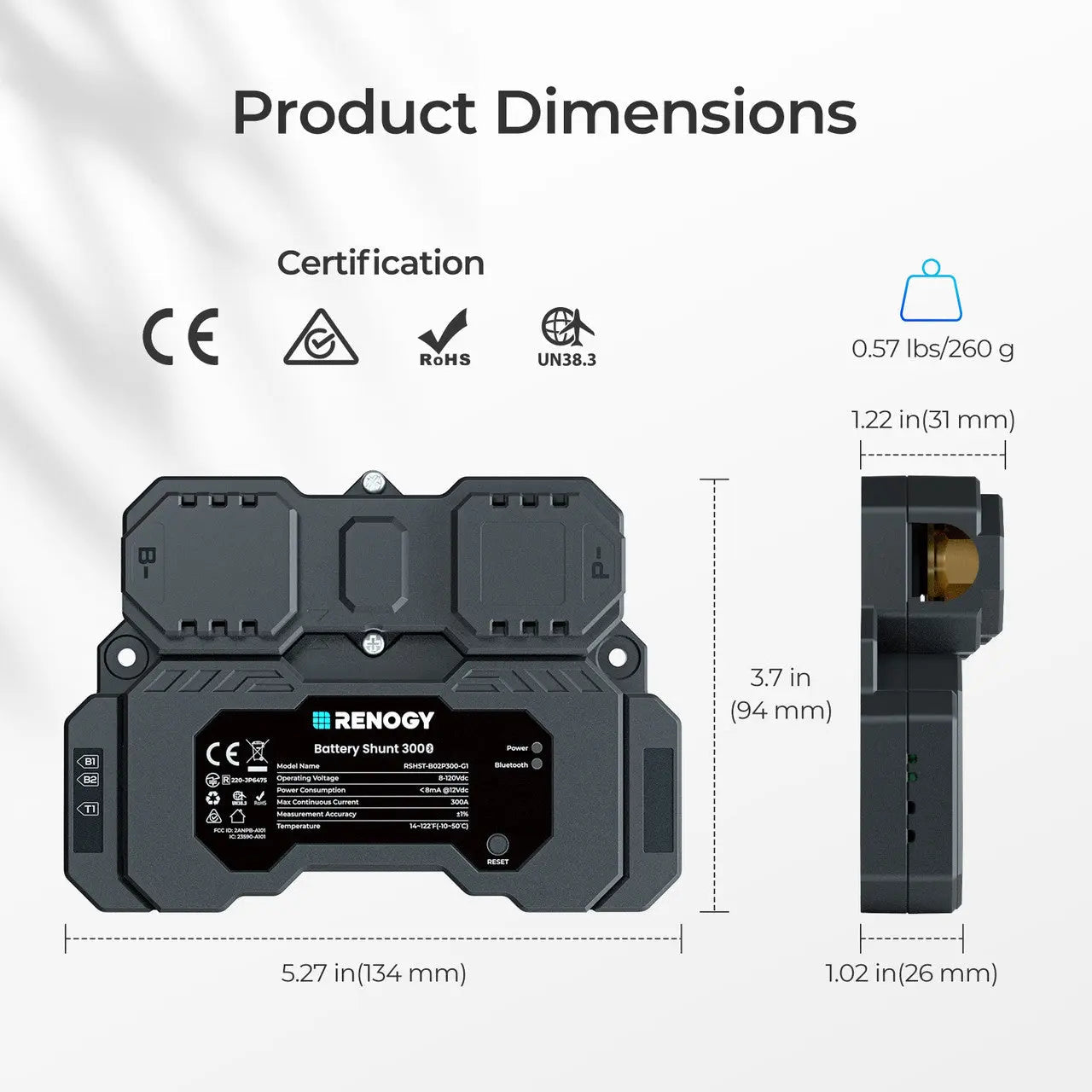Renogy Battery Shunt 300 Smart Battery Monitor for SOC, Voltage & Current Tracking