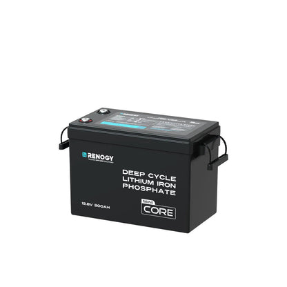 Renogy Core Mini 12V 200Ah LiFePO4 battery, compact black design with top connections and clear label, cold-weather ready.