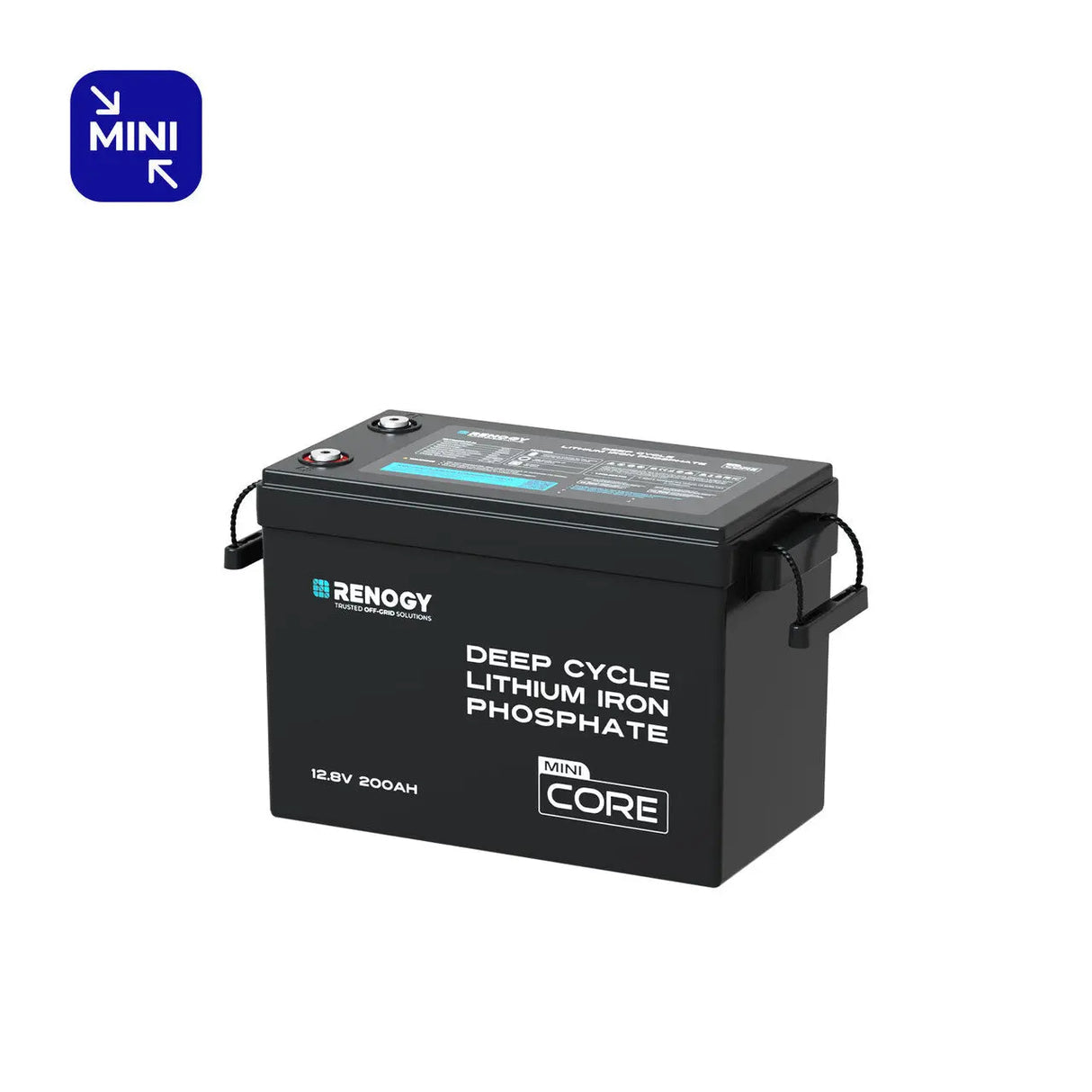 Compact black Renogy Core Mini 12V 200Ah LiFePO4 deep cycle battery with side handles and labeling on the top.