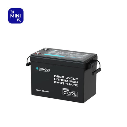Compact black Renogy Core Mini 12V 200Ah LiFePO4 deep cycle battery with side handles and labeling on the top.