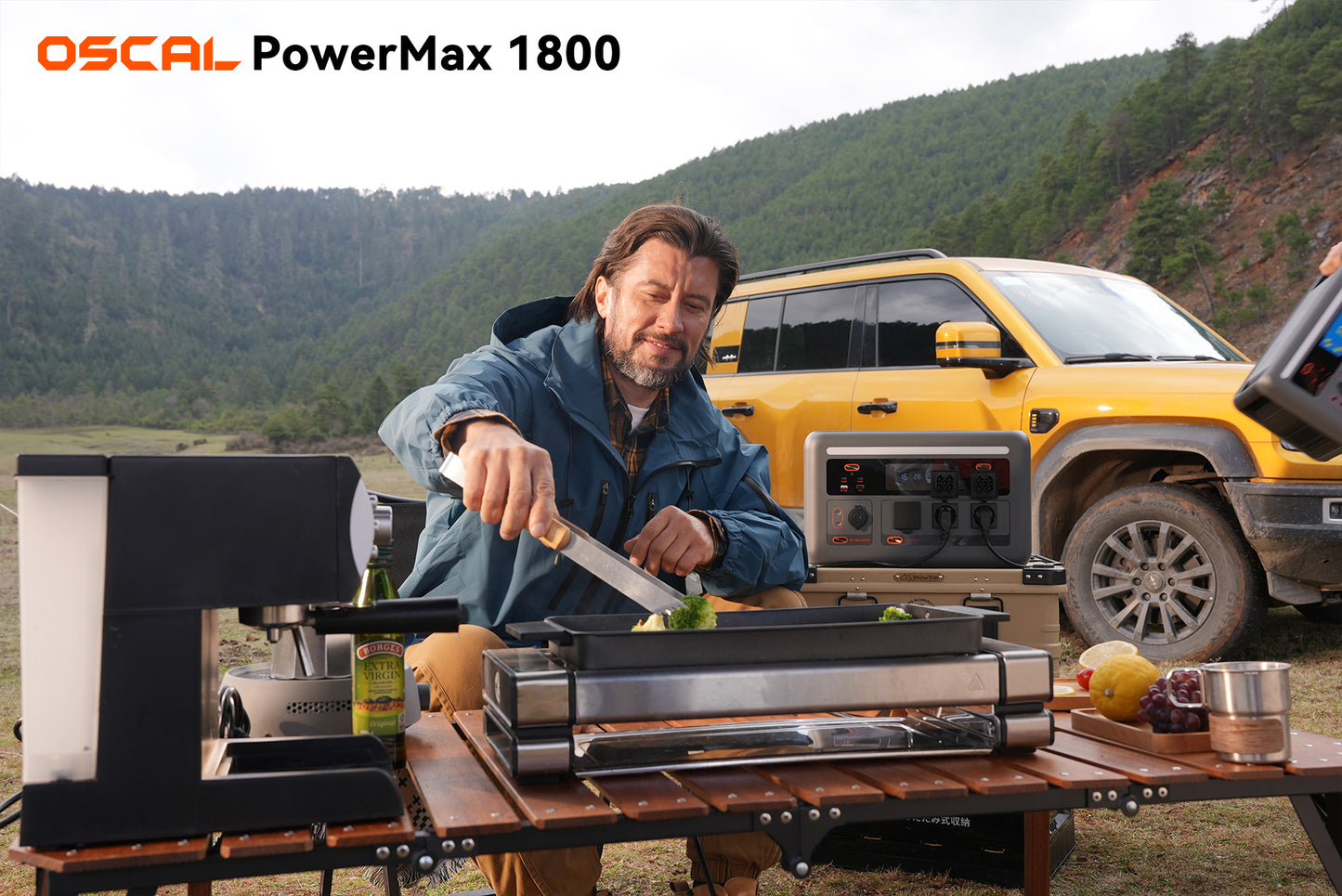 Man cooking outdoors with portable power station, coffee maker, and yellow SUV in nature