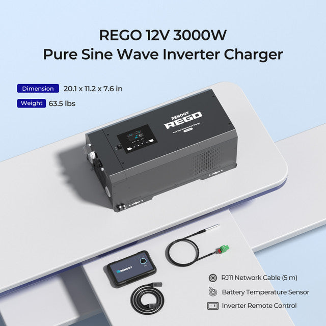REGO 3000-Watt 12-Volt Pure Sine Wave Inverter Charger w/ LCD Display