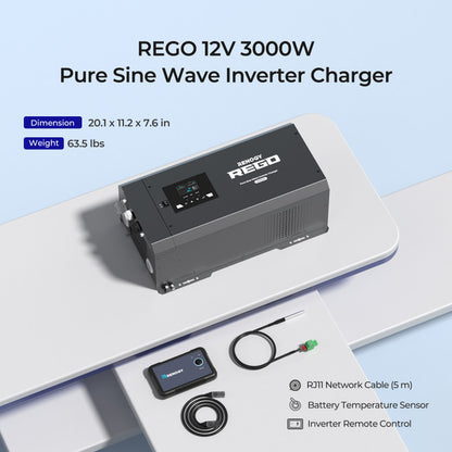 REGO 3000-Watt 12-Volt Pure Sine Wave Inverter Charger w/ LCD Display