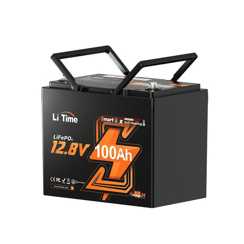 Compact black LiTime 12V 100Ah Lithium Iron Phosphate battery with Bluetooth monitoring, featuring handles for easy transport.