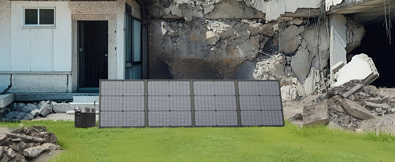 220W foldable solar panel with a rugged design, showcasing multiple solar cells, set against a damaged building backdrop.