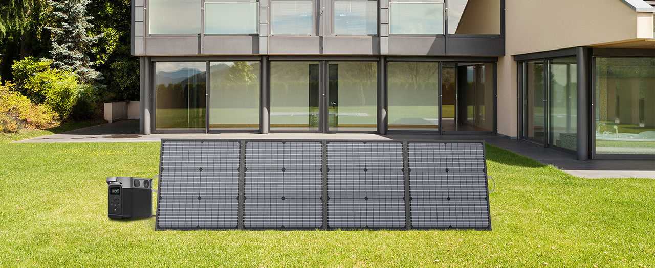 MHPOWOS 220W foldable solar panel displayed on grass with a portable power station nearby, featuring a sleek black design.