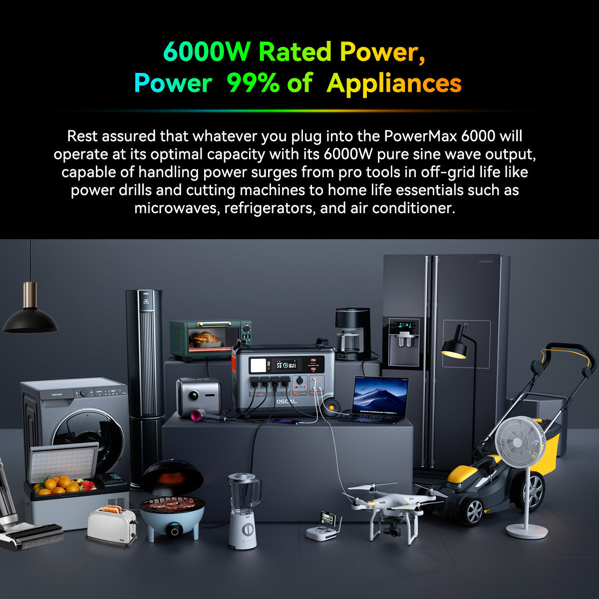 6000W portable solar generator powering home appliances like fridge, laptop, blender, and tools