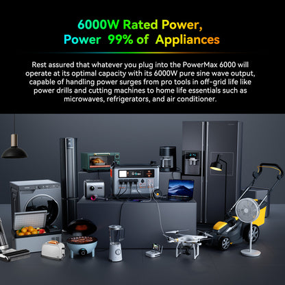6000W portable solar generator powering home appliances like fridge, laptop, blender, and tools