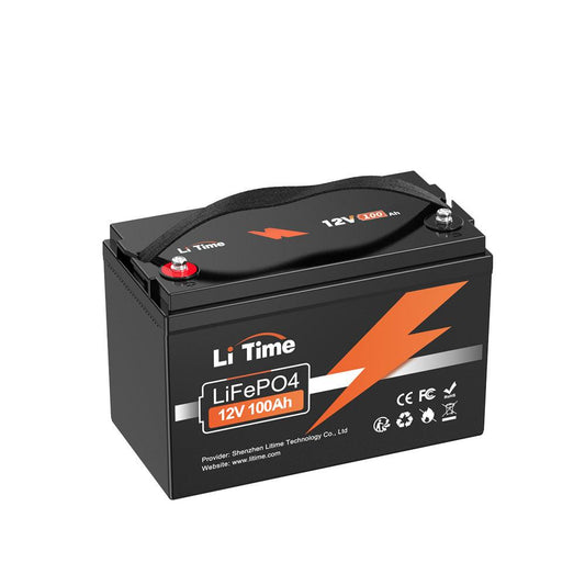 LiTime 12V 100Ah LiFePO4 battery in black, featuring a red terminal, built-in handle, and compact size for easy installation.