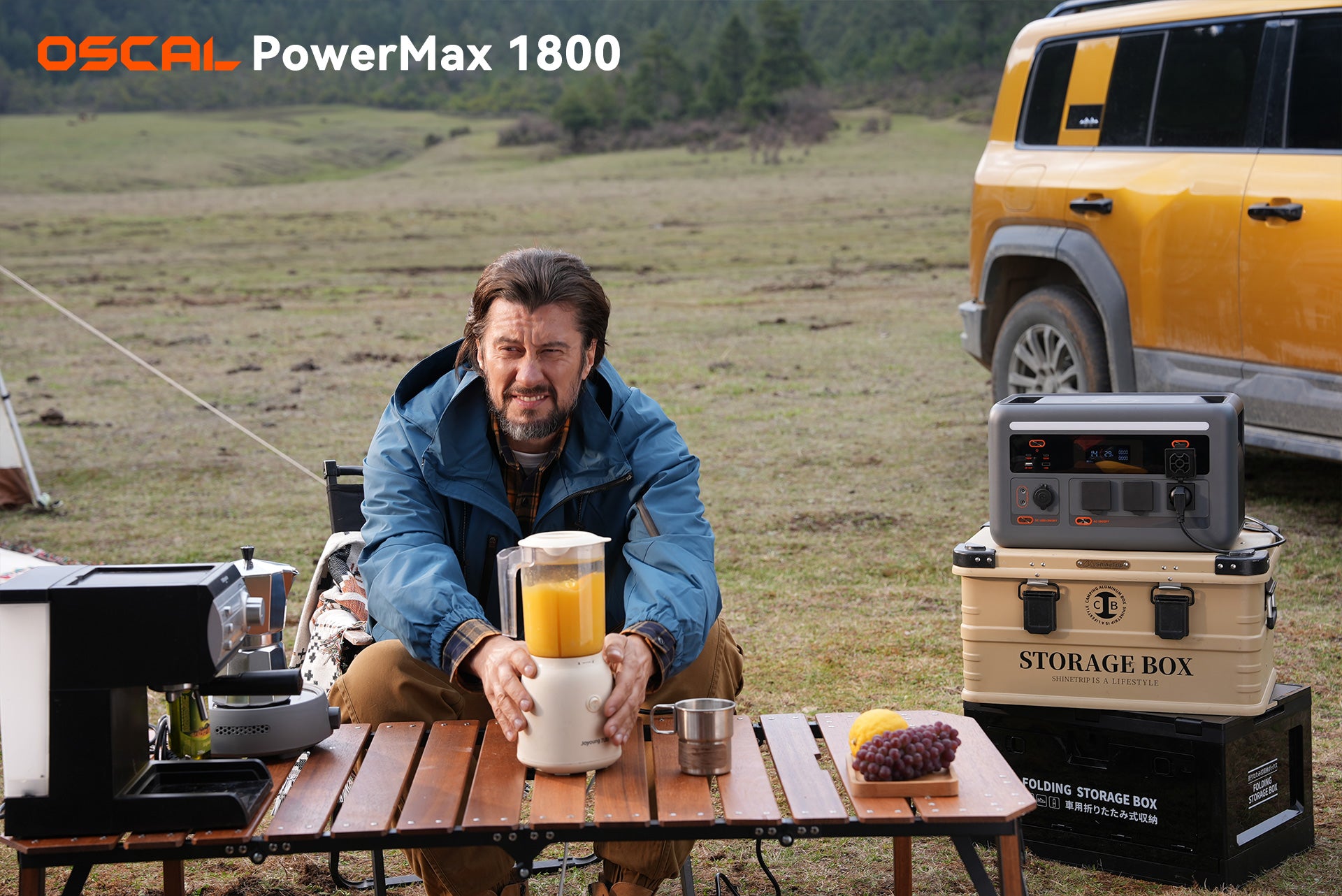 Outdoor portable power station setup powering blender and coffee maker next to SUV in nature