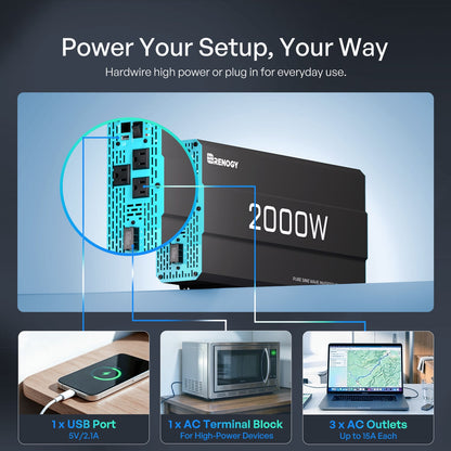 2000W 12V Pure Sine Wave Power Inverter, New Edition DC to AC Converter