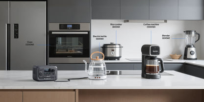 Portable power station with digital display, featuring various input ports, placed on a sleek countertop next to appliances.