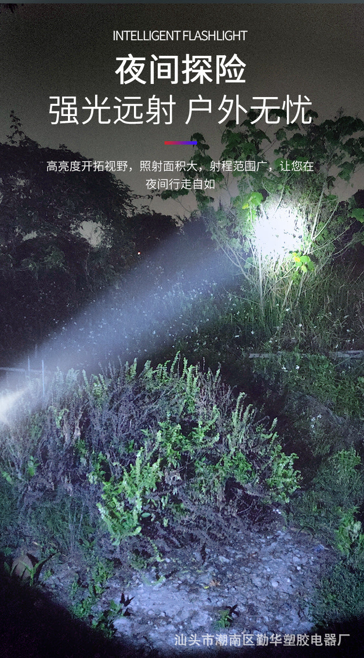 Super bright handheld solar flashlight illuminates a dark outdoor scene, showcasing intense light beam and surroundings.