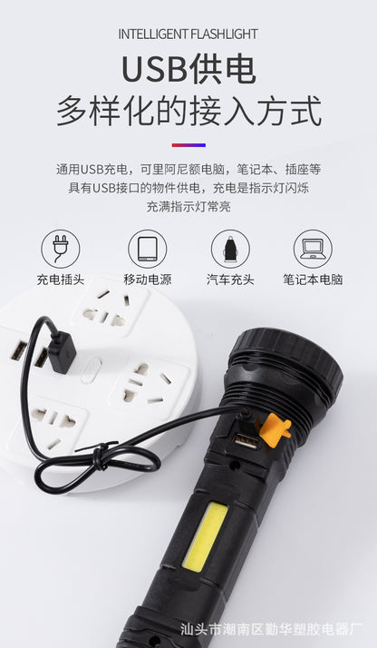 Portable black solar flashlight with USB charging port and a bright yellow indicator, designed for outdoor use.