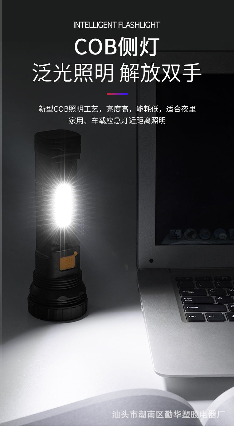 Handheld black solar flashlight emitting bright white light, showcasing robust design and portable size for outdoor use.