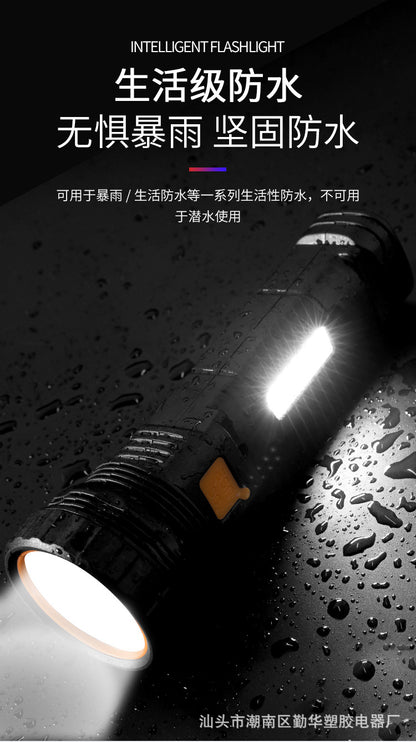 Handheld flashlight, black body, waterproof design, emits 100,000 lumens; features solar charging for outdoor use.