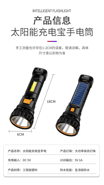 Handheld solar flashlight featuring a sturdy black body, solar panel, and 100,000 lumens output for bright illumination.