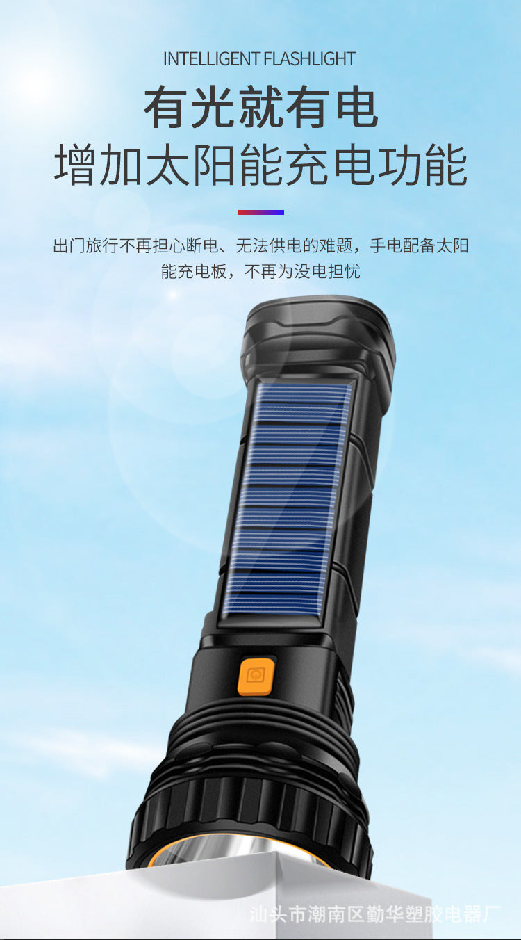 Black handheld solar flashlight featuring a textured body, solar panel on the side, and an orange power button.