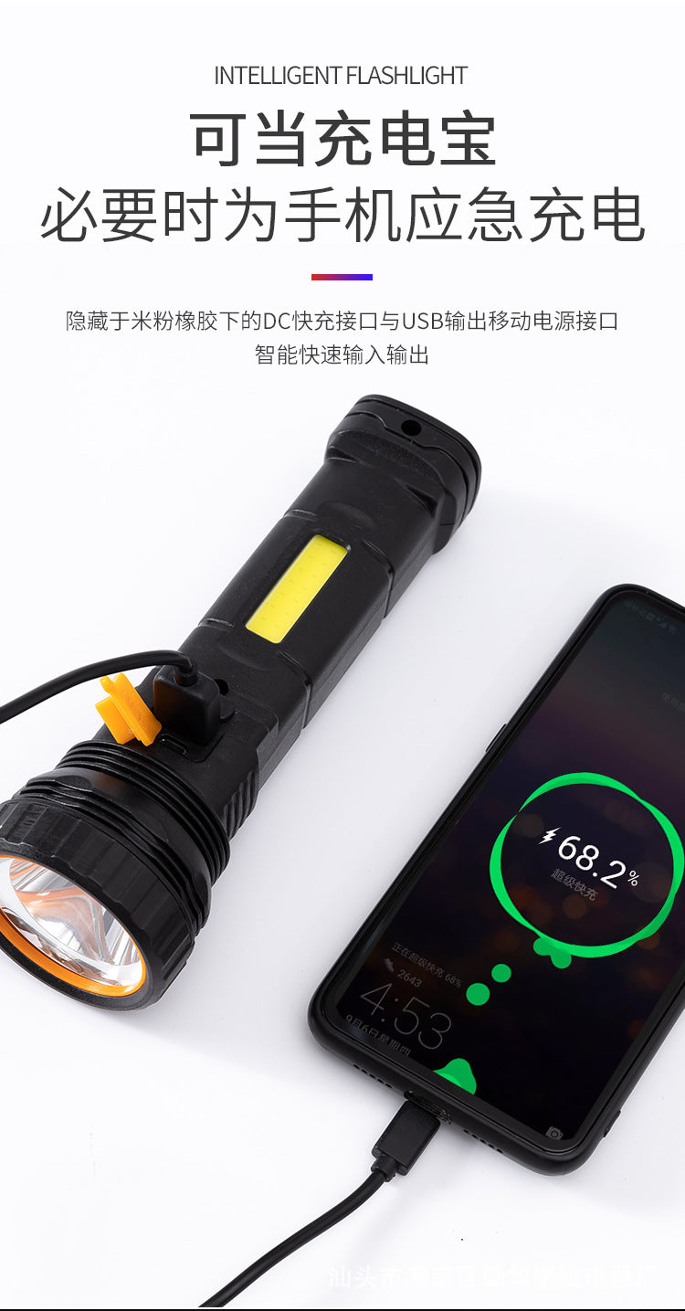 Black handheld solar flashlight with a bright lens, USB charging capability, and illuminated power indicator.