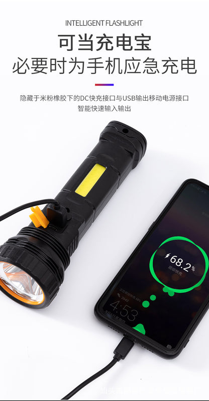 Black handheld solar flashlight with a bright lens, USB charging capability, and illuminated power indicator.