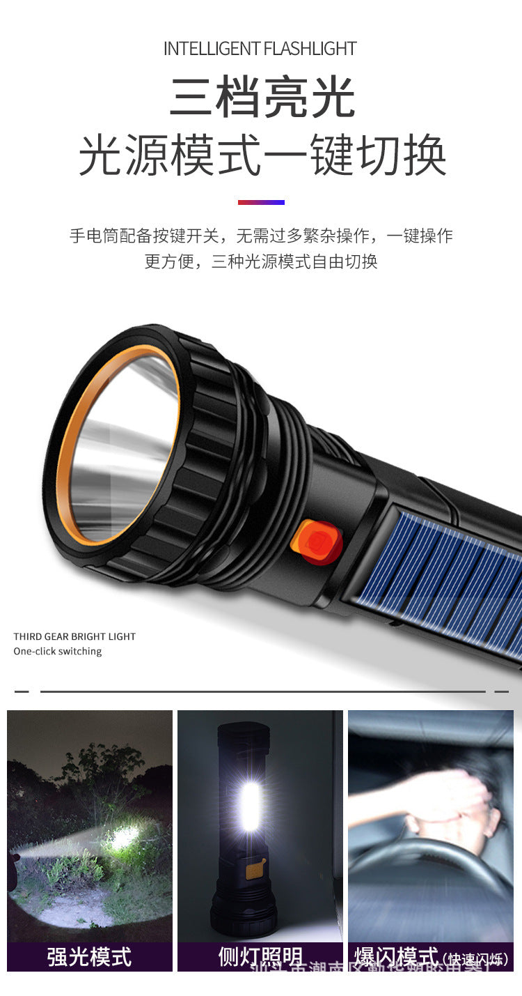 Strong solar flashlight with a black body and solar panel, features a bright LED light with 100,000 lumens output.