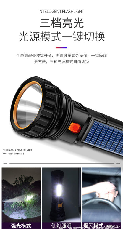 Strong solar flashlight with a black body and solar panel, features a bright LED light with 100,000 lumens output.