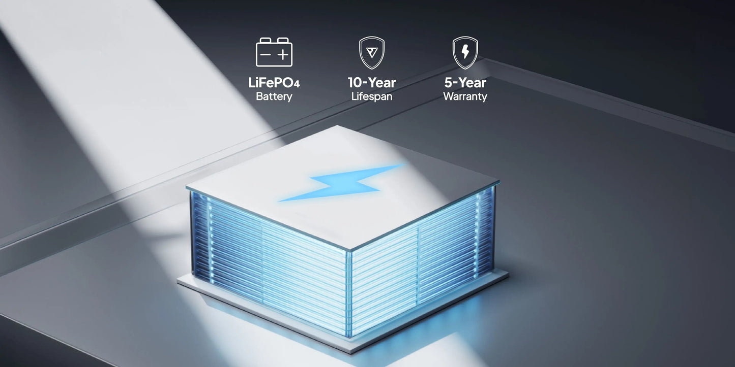 Portable power station with a blue lightning bolt logo, featuring a LiFePO4 battery and sleek design elements.