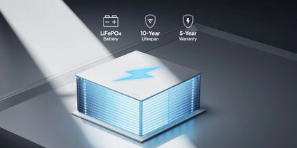 Portable power station with a blue lightning bolt logo, featuring a LiFePO4 battery and sleek design elements.