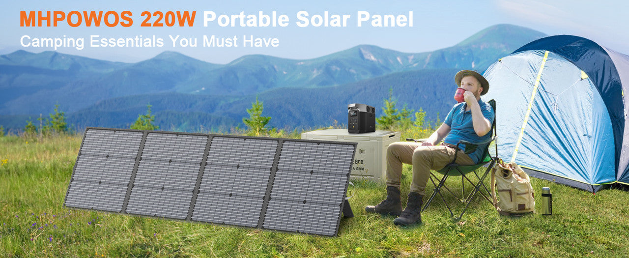 Foldable MHPOWOS 220W solar panel with a sleek design, set up outdoors next to a seated man enjoying a drink.