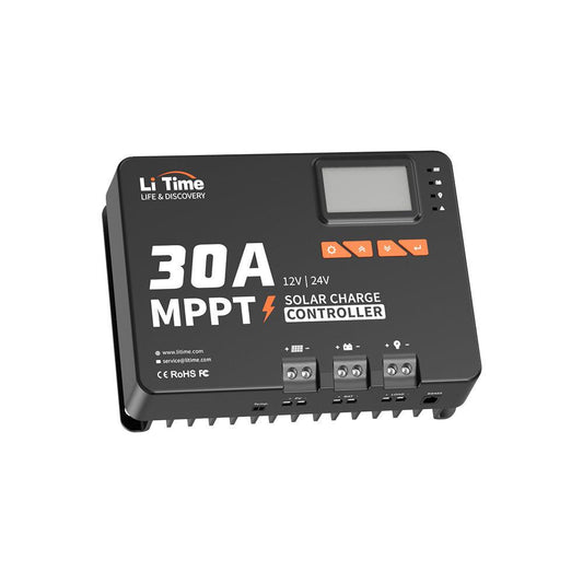 30A MPPT solar charge controller with a black body, clear LCD screen, and multiple connection ports for efficiency monitoring.