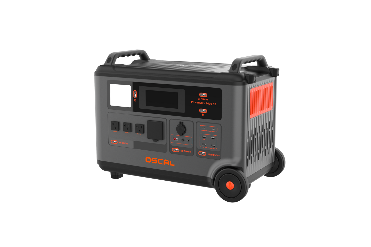 Portable solar generator with wheels, multiple outlets, and digital display, 3600W capacity