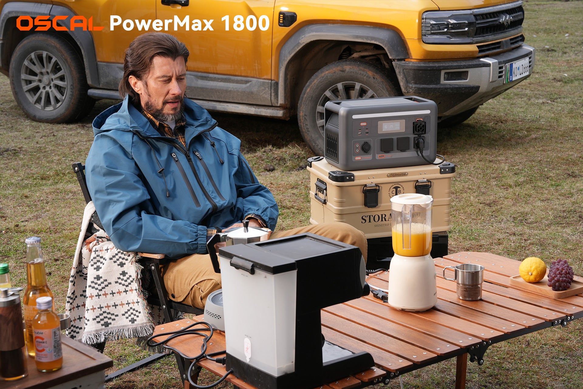 Man camping outdoors using portable solar generator, electric blender, and coffee maker by SUV