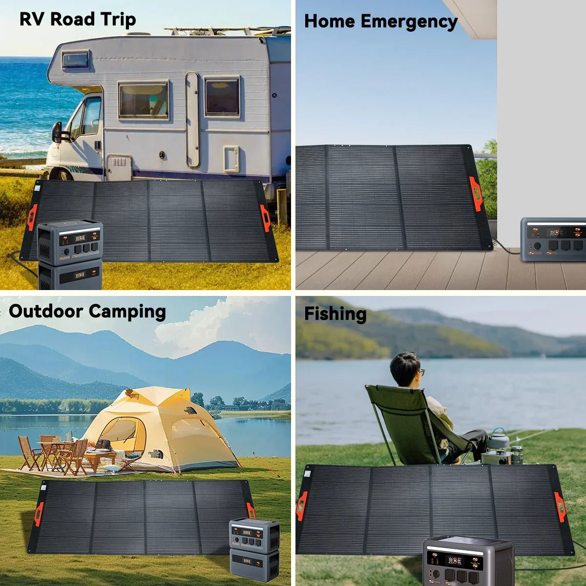 Portable solar panels with power stations used for RV trips, home backup, camping, and fishing outdoors