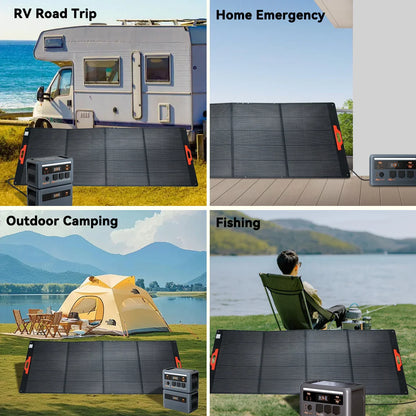 Portable solar panels with power stations used for RV trips, home backup, camping, and fishing outdoors