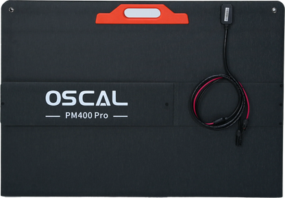 Portable OSCAL PM400 Pro solar panel with carrying handle and attached power cable