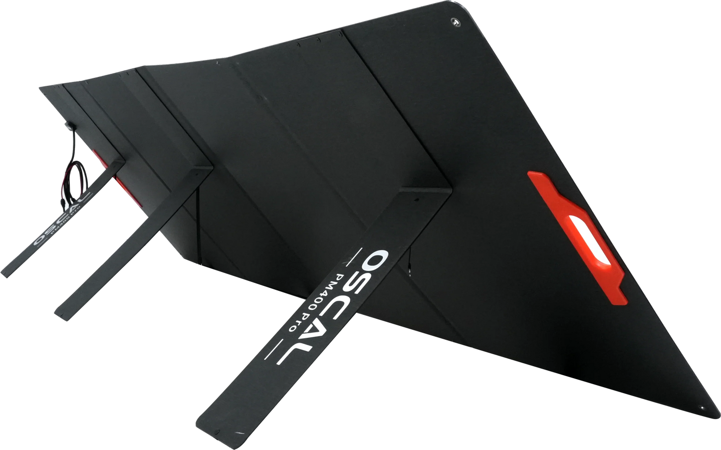 Portable solar panel with stand, black with red handle, renewable energy kit