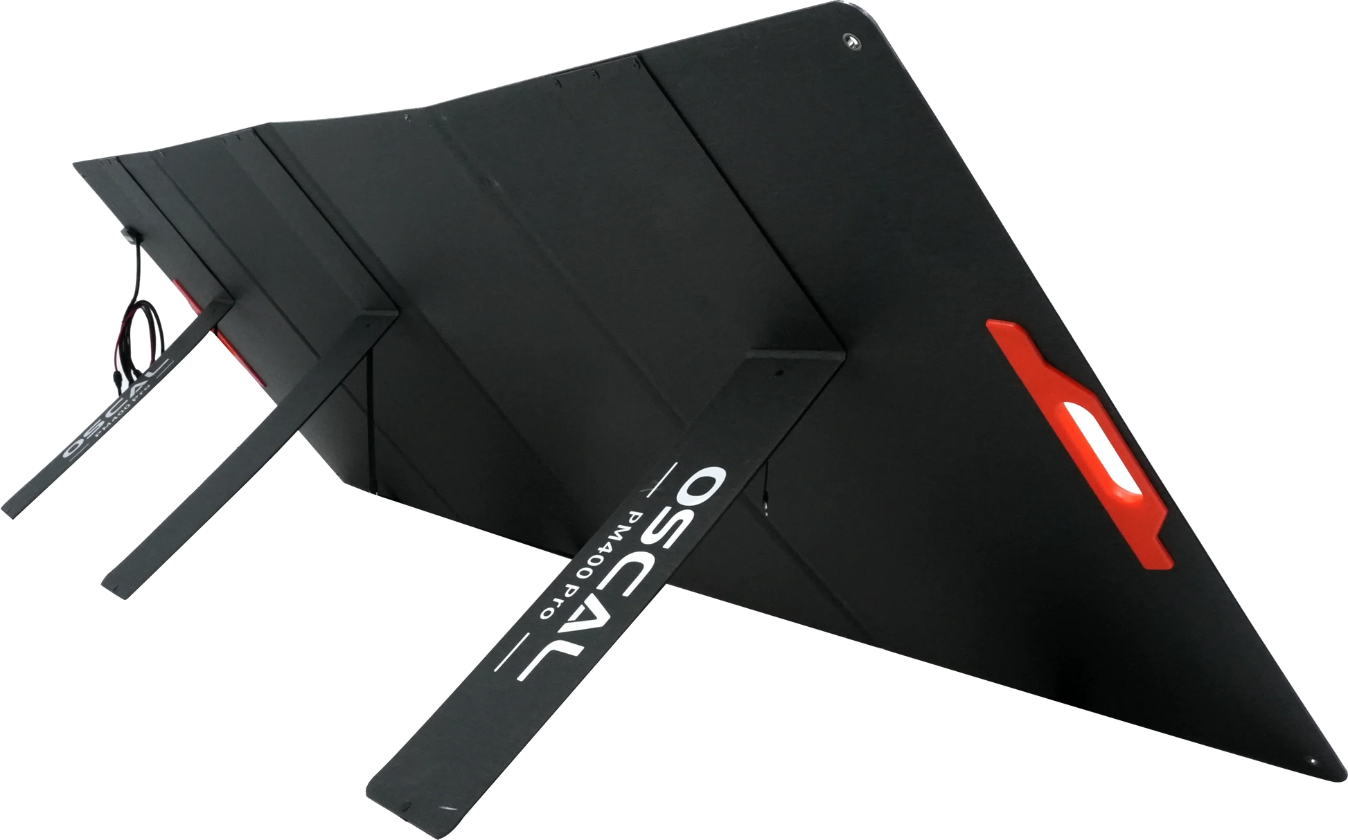 Portable solar panel with stand, black with red handle, renewable energy kit