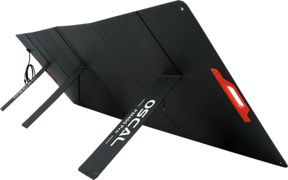 Portable solar panel with stand, black with red handle, renewable energy kit