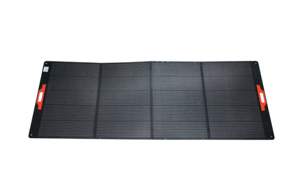 Foldable portable solar panel with four black segments and red handles, isolated on white