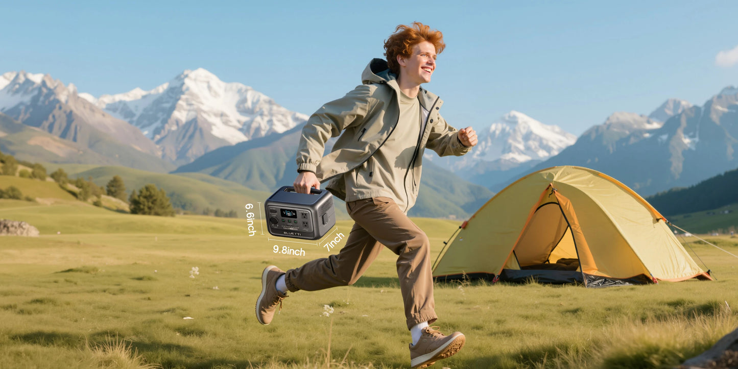 A person runs outdoors while carrying the BLUETTI Elite 30 V2 Portable Power Station, set against mountains and a yellow tent.